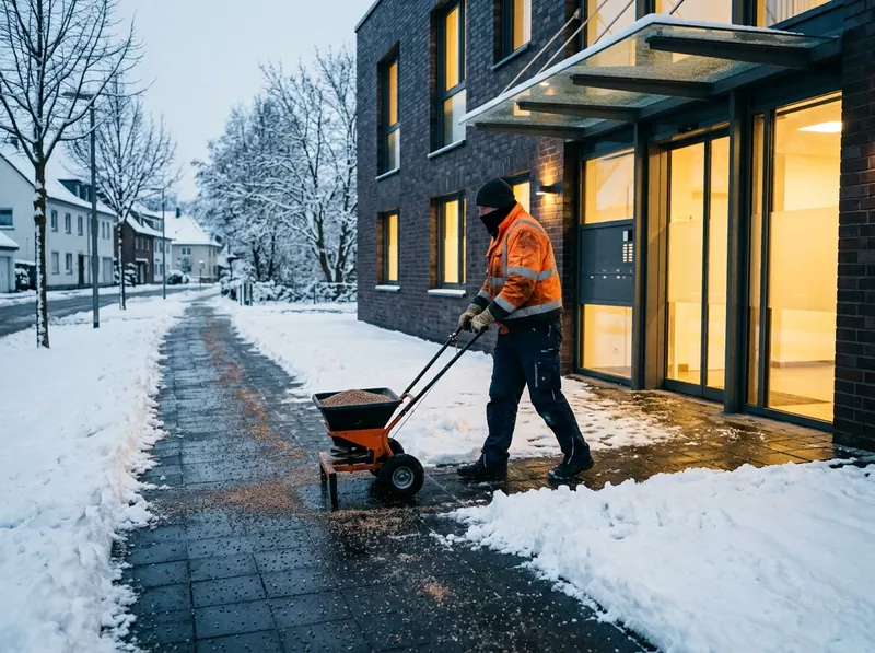 Mitarbeiter streut den geräumten Gehweg vor einer Arztpraxis