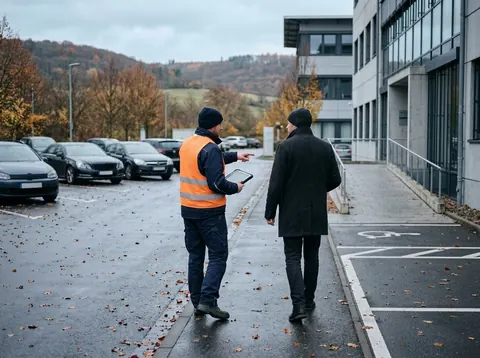 Objektbesichtigung vor dem Winter auf einem Firmenparkplatz