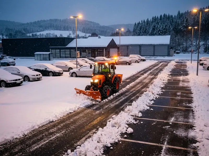Räumfahrzeug räumt den Kundenparkplatz eines Gewerbegebäudes