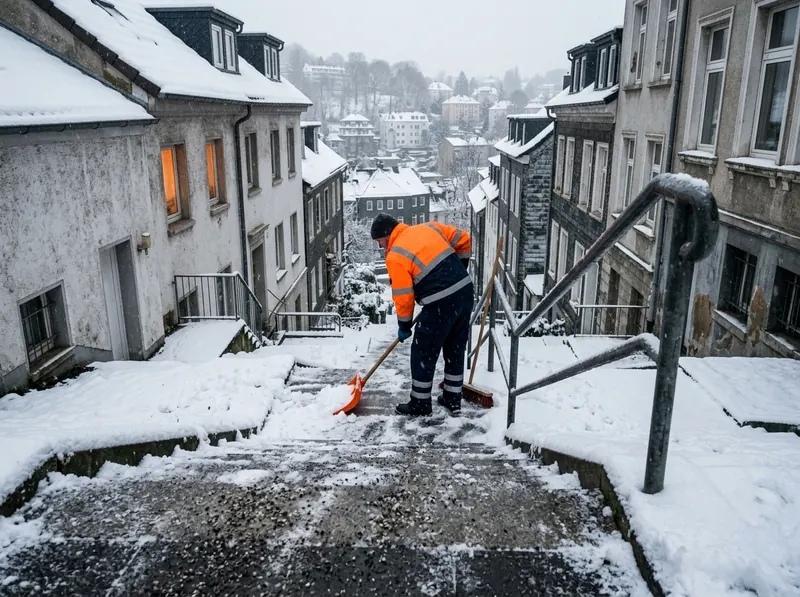 Mitarbeiter räumt eine steile Außentreppe zwischen Altbauten in Wuppertal