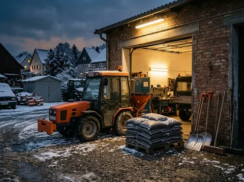 Räumfahrzeug und Streugut stehen für den Winter bereit