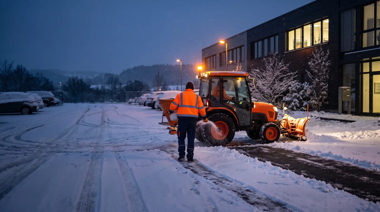 Räumfahrzeug und Mitarbeiter beim Winterdienst auf einem Firmenparkplatz