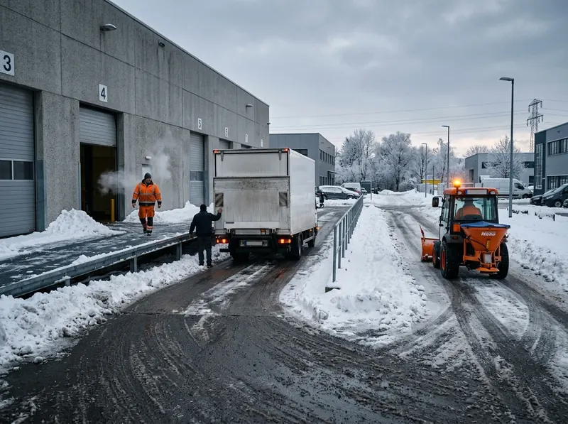 Geräumte Zufahrt und Laderampe an einer Lagerhalle im Winter